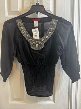 Creesje Black Embellished Scoop-Neck Puff Sleeve Blouse